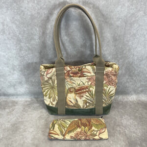 Vtg Cedar Key Canvas Tapestry Bag & Wallet Set Toucan Tropical Floral Mini Tote